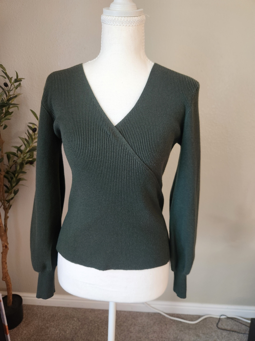 Lush Forest Green Ribbed Wrap V-Neck Sweater